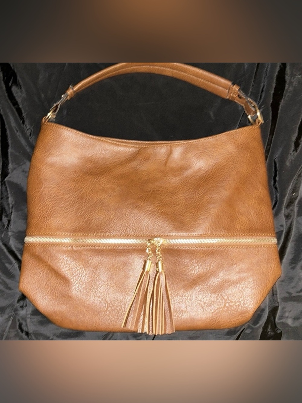 Tassel Accent Tan Leather Shoulder Bag